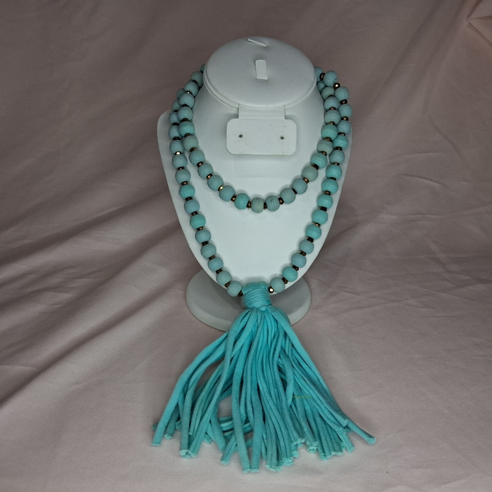 Turquoise Blue Wooden Round Beaded Tassel Boho Beachcore Necklace Amber Crystal